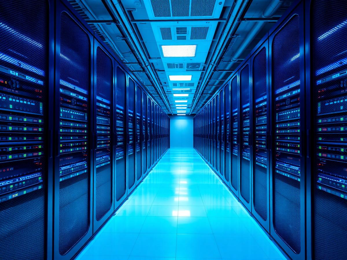 Rows of illuminated server racks in a data centre corridor representing cloud infrastructure