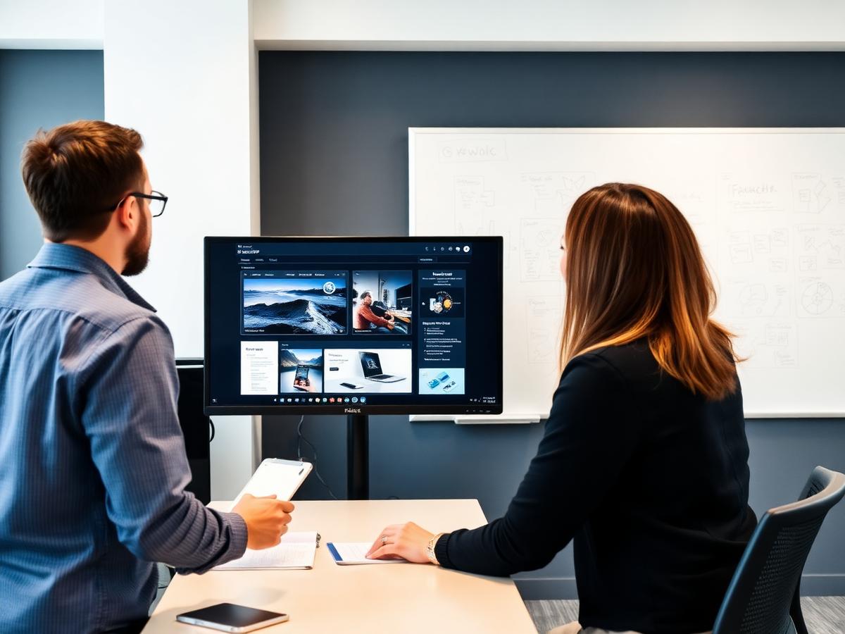 Two colleagues reviewing a web application interface on a large screen beside a whiteboard of diagrams