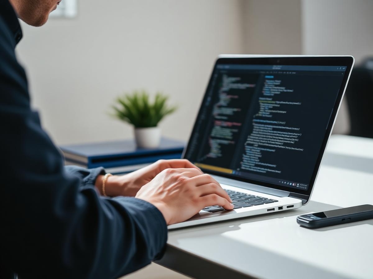 Developer writing application code on a laptop at a clean workstation
