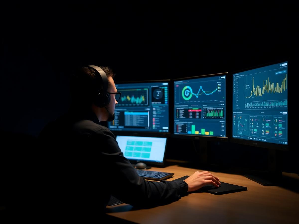 Engineer reviewing automated test results and monitoring dashboards on multiple screens